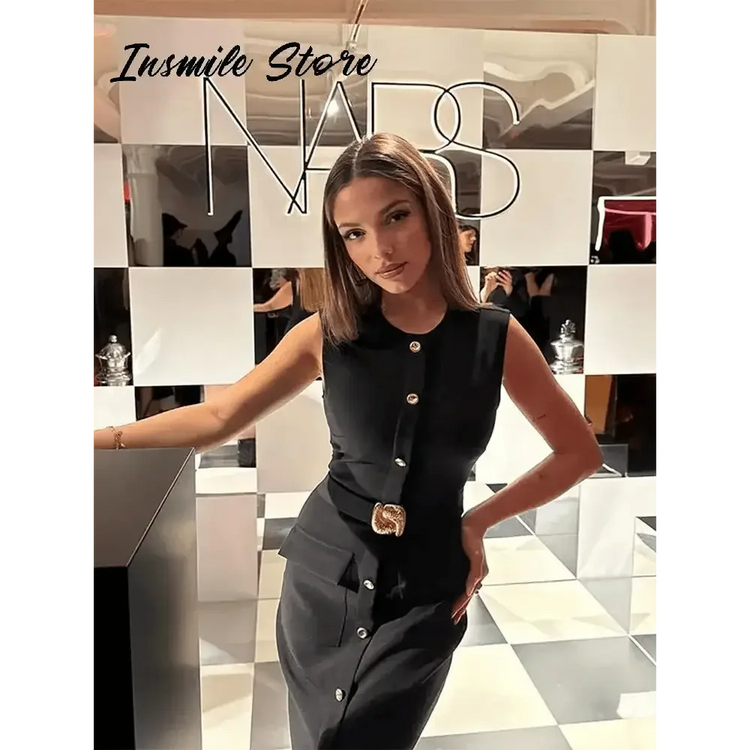Elegant Black With Belt Women Dress O-neck Sleeveless Single Breasted Slim Female Maxi Dresses 2025 Summer New Chic Lady Robe women&