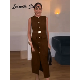 Elegant Black With Belt Women Dress O-neck Sleeveless Single Breasted Slim Female Maxi Dresses 2025 Summer New Chic Lady Robe women&