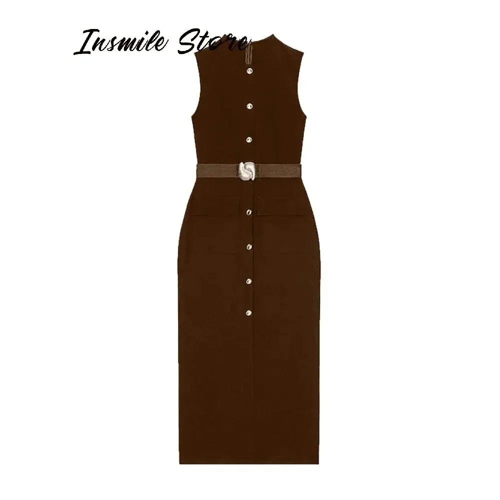 Elegant Black With Belt Women Dress O-neck Sleeveless Single Breasted Slim Female Maxi Dresses 2025 Summer New Chic Lady Robe women&
