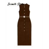 Elegant Black With Belt Women Dress O-neck Sleeveless Single Breasted Slim Female Maxi Dresses 2025 Summer New Chic Lady Robe women&