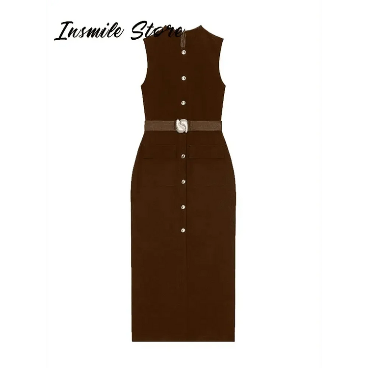 Elegant Black With Belt Women Dress O-neck Sleeveless Single Breasted Slim Female Maxi Dresses 2025 Summer New Chic Lady Robe women&