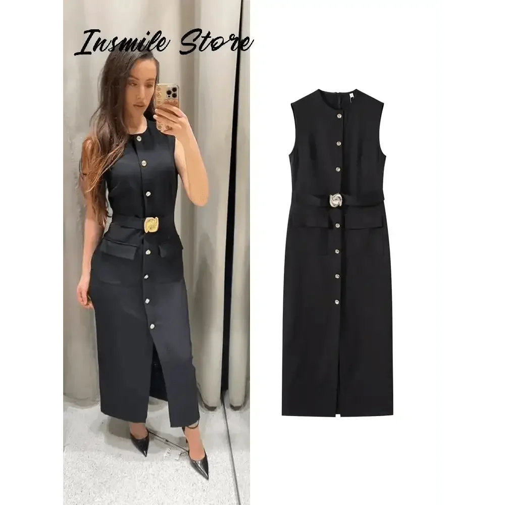 Elegant Black With Belt Women Dress O-neck Sleeveless Single Breasted Slim Female Maxi Dresses 2025 Summer New Chic Lady Robe women&