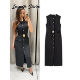 Elegant Black With Belt Women Dress O-neck Sleeveless Single Breasted Slim Female Maxi Dresses 2025 Summer New Chic Lady Robe women&
