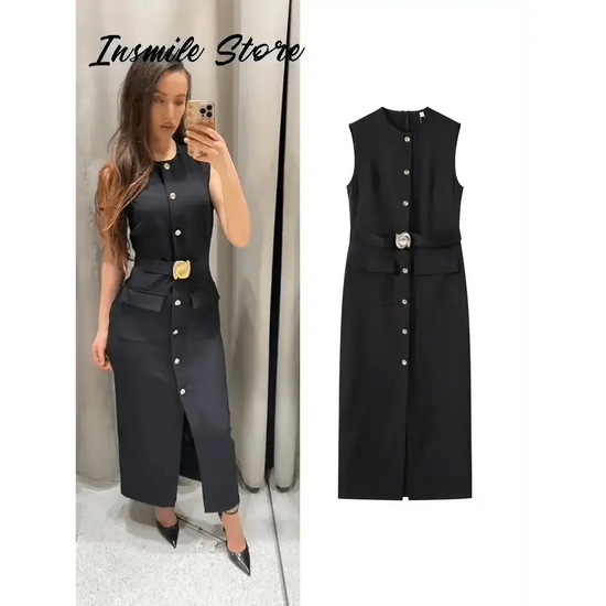 Elegant Black With Belt Women Dress O-neck Sleeveless Single Breasted Slim Female Maxi Dresses 2025 Summer New Chic Lady Robe women&