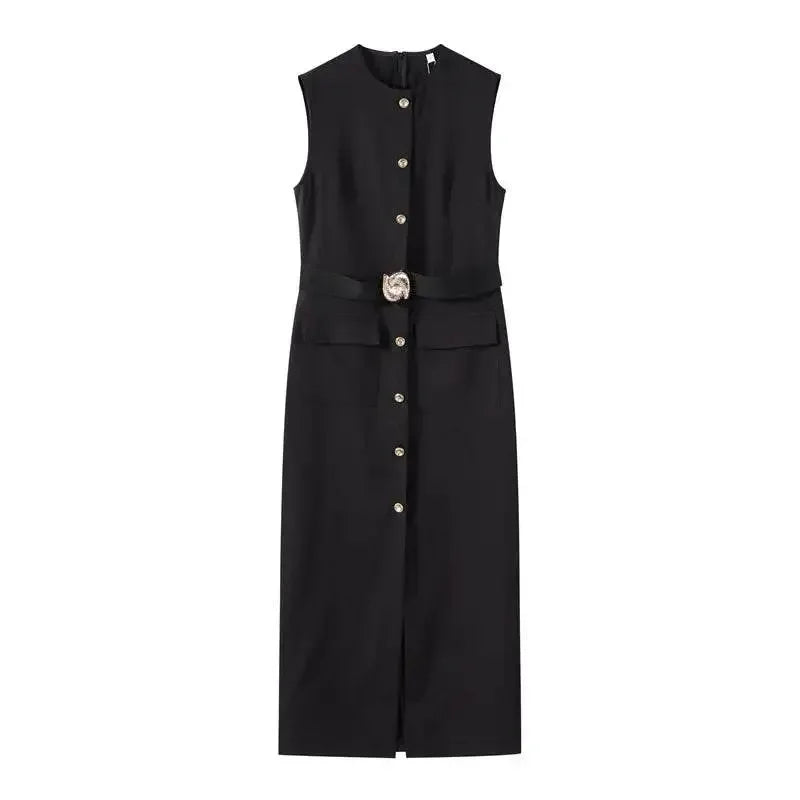 Elegant Black With Belt Women Dress O-neck Sleeveless Single Breasted Slim Female Maxi Dresses 2025 Summer New Chic Lady Robe women&