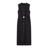 Elegant Black With Belt Women Dress O-neck Sleeveless Single Breasted Slim Female Maxi Dresses 2025 Summer New Chic Lady Robe women&