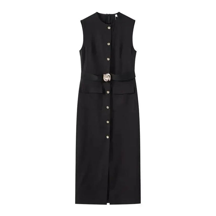 Elegant Black With Belt Women Dress O-neck Sleeveless Single Breasted Slim Female Maxi Dresses 2025 Summer New Chic Lady Robe women&