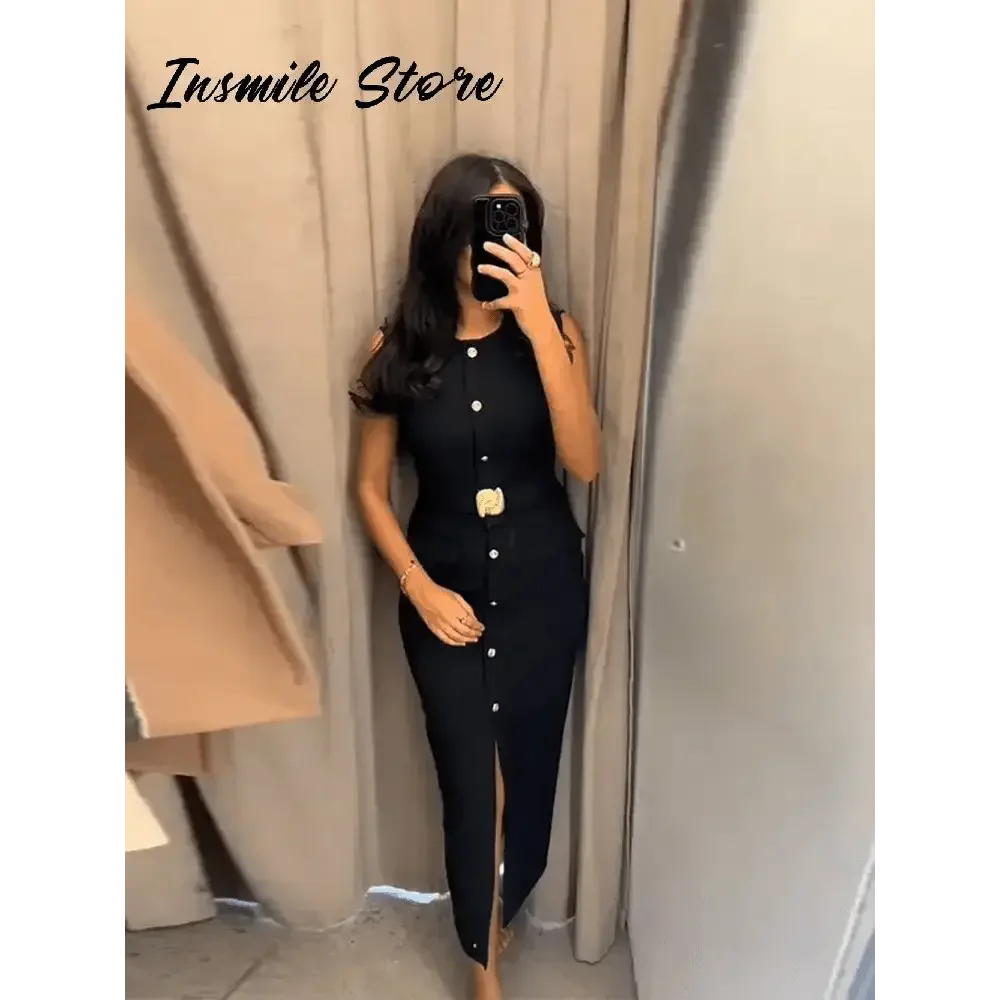 Elegant Black With Belt Women Dress O-neck Sleeveless Single Breasted Slim Female Maxi Dresses 2025 Summer New Chic Lady Robe women&