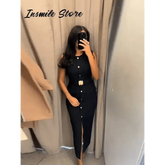 Elegant Black With Belt Women Dress O-neck Sleeveless Single Breasted Slim Female Maxi Dresses 2025 Summer New Chic Lady Robe women&