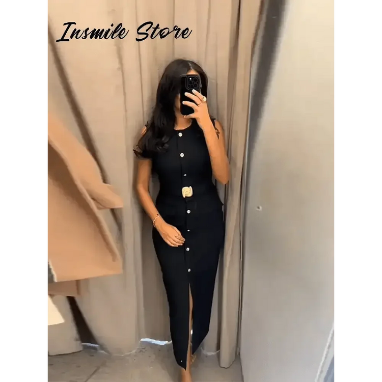 Elegant Black With Belt Women Dress O-neck Sleeveless Single Breasted Slim Female Maxi Dresses 2025 Summer New Chic Lady Robe women&
