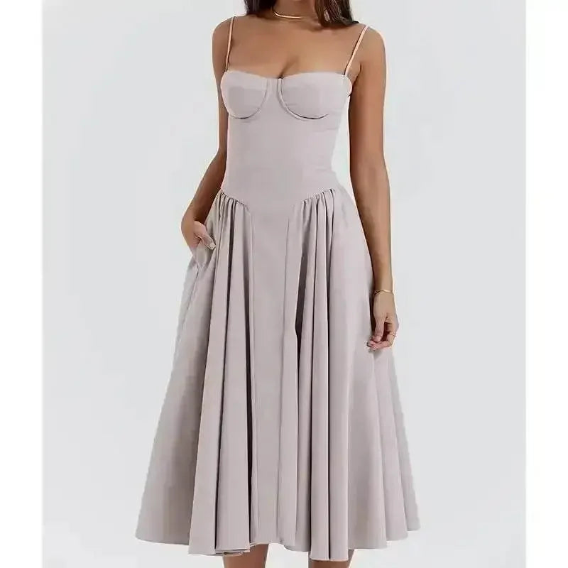 Elegant Spaghetti Strap Midi Dress Women Party Slim A Line Solid Suspender Lady Dresses New Spring Summer Fashion Sexy Vestidos women&