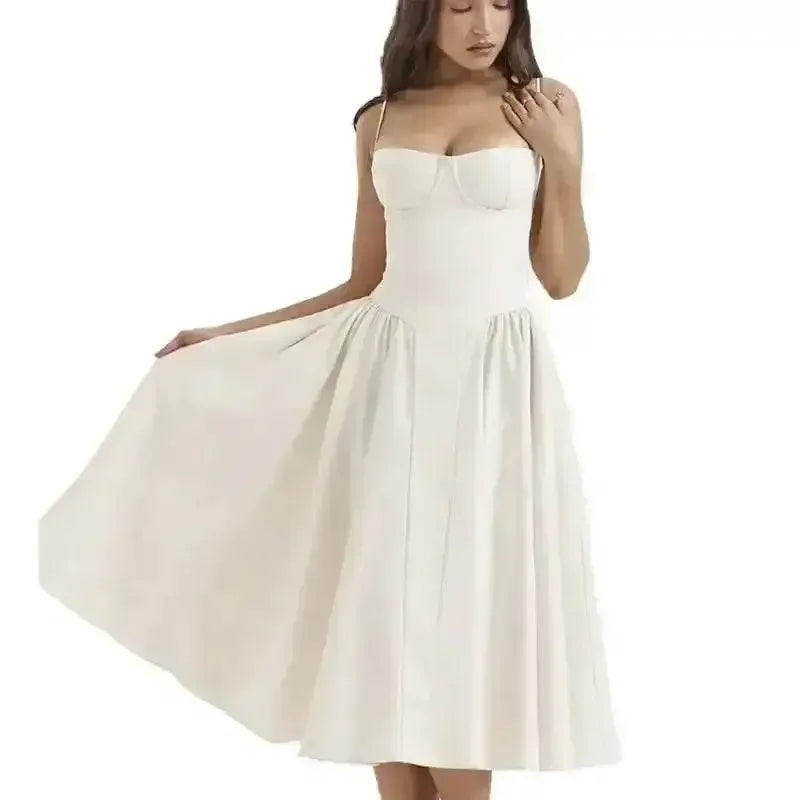 Elegant Spaghetti Strap Midi Dress Women Party Slim A Line Solid Suspender Lady Dresses New Spring Summer Fashion Sexy Vestidos women&
