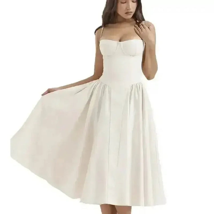 Elegant Spaghetti Strap Midi Dress Women Party Slim A Line Solid Suspender Lady Dresses New Spring Summer Fashion Sexy Vestidos women&