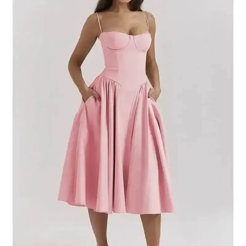 Elegant Spaghetti Strap Midi Dress Women Party Slim A Line Solid Suspender Lady Dresses New Spring Summer Fashion Sexy Vestidos women&