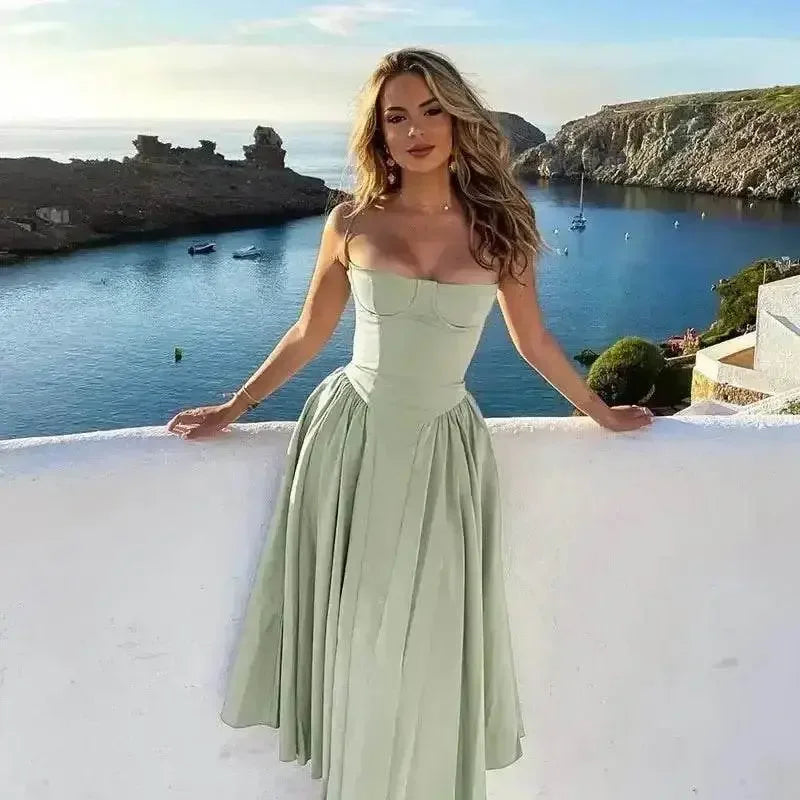 Elegant Spaghetti Strap Midi Dress Women Party Slim A Line Solid Suspender Lady Dresses New Spring Summer Fashion Sexy Vestidos women&