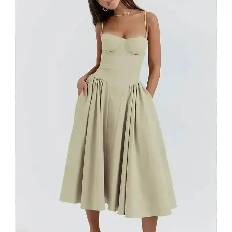 Elegant Spaghetti Strap Midi Dress Women Party Slim A Line Solid Suspender Lady Dresses New Spring Summer Fashion Sexy Vestidos women&