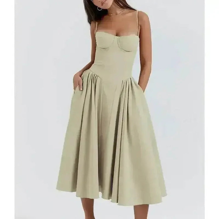 Elegant Spaghetti Strap Midi Dress Women Party Slim A Line Solid Suspender Lady Dresses New Spring Summer Fashion Sexy Vestidos women&