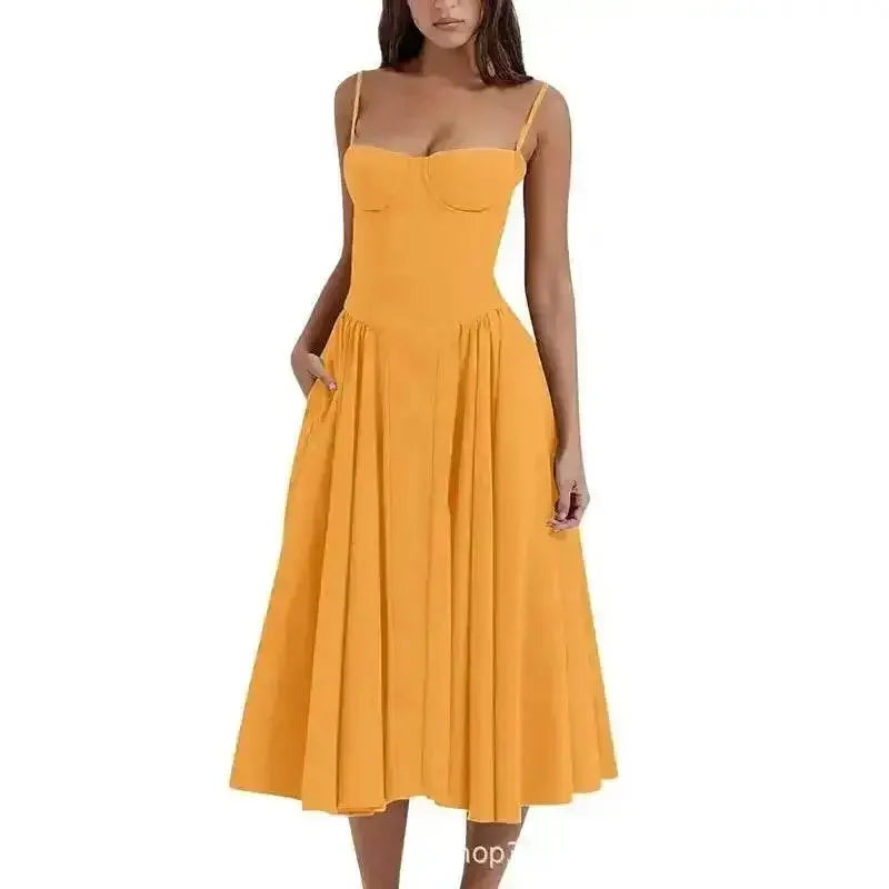 Elegant Spaghetti Strap Midi Dress Women Party Slim A Line Solid Suspender Lady Dresses New Spring Summer Fashion Sexy Vestidos women&