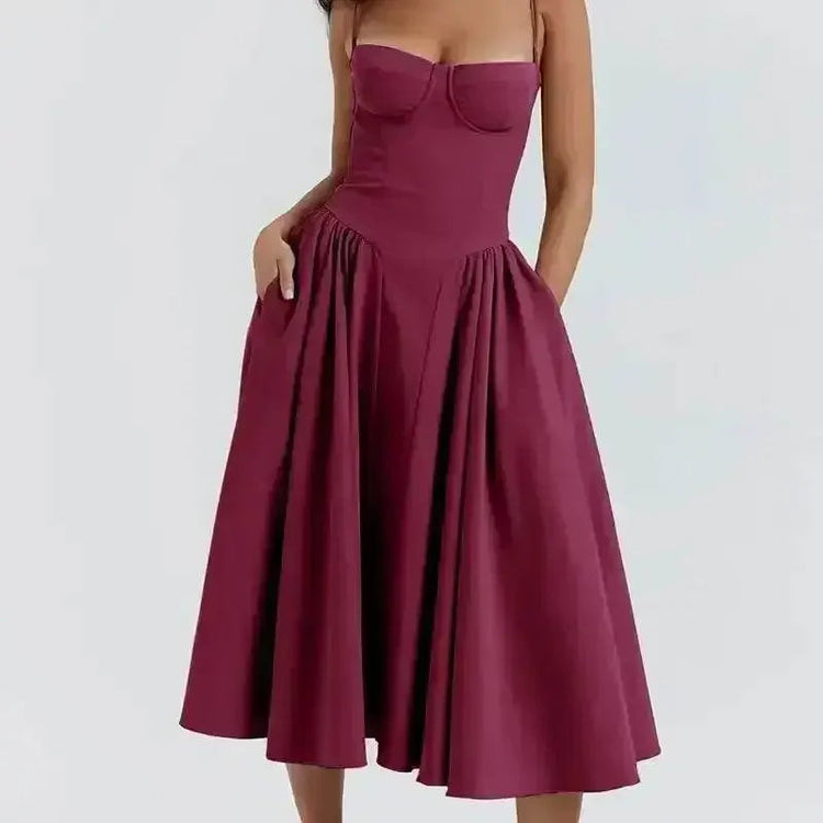 Elegant Spaghetti Strap Midi Dress Women Party Slim A Line Solid Suspender Lady Dresses New Spring Summer Fashion Sexy Vestidos women&