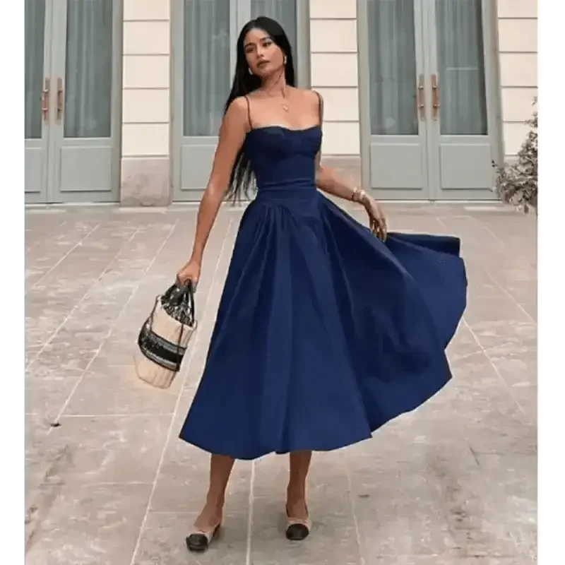 Elegant Spaghetti Strap Midi Dress Women Party Slim A Line Solid Suspender Lady Dresses New Spring Summer Fashion Sexy Vestidos women&