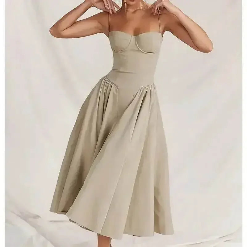 Elegant Spaghetti Strap Midi Dress Women Party Slim A Line Solid Suspender Lady Dresses New Spring Summer Fashion Sexy Vestidos women&