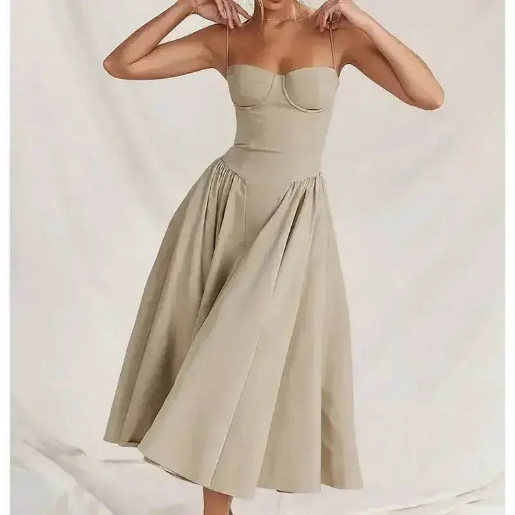 Elegant Spaghetti Strap Midi Dress Women Party Slim A Line Solid Suspender Lady Dresses New Spring Summer Fashion Sexy Vestidos women&