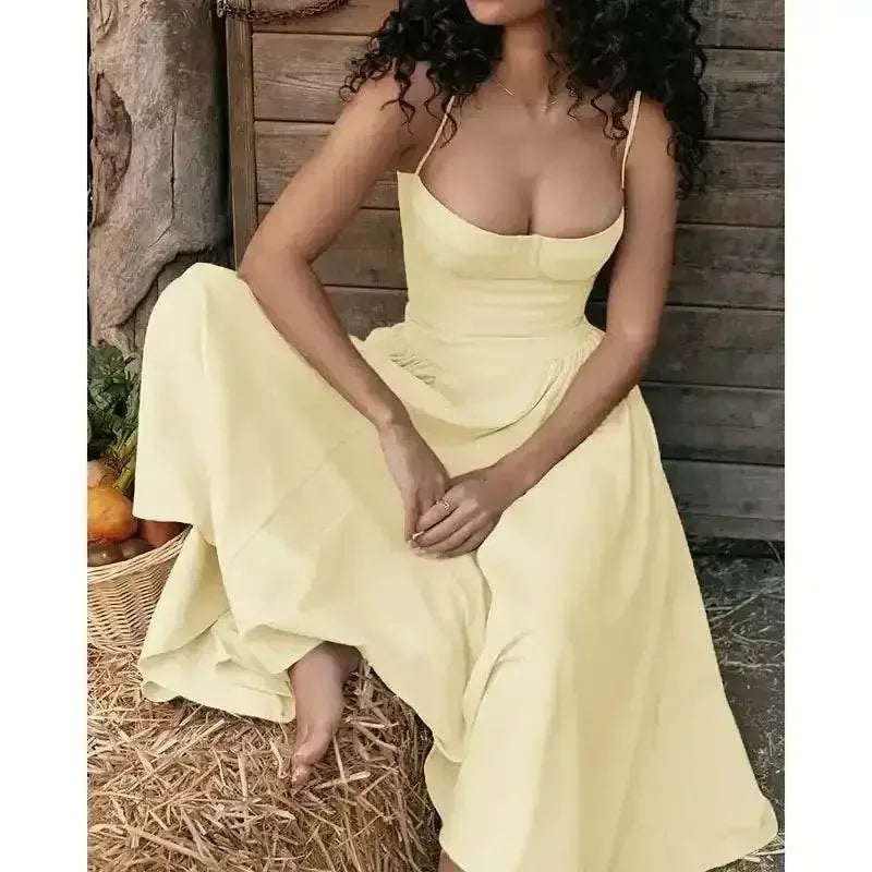 Elegant Spaghetti Strap Midi Dress Women Party Slim A Line Solid Suspender Lady Dresses New Spring Summer Fashion Sexy Vestidos women&