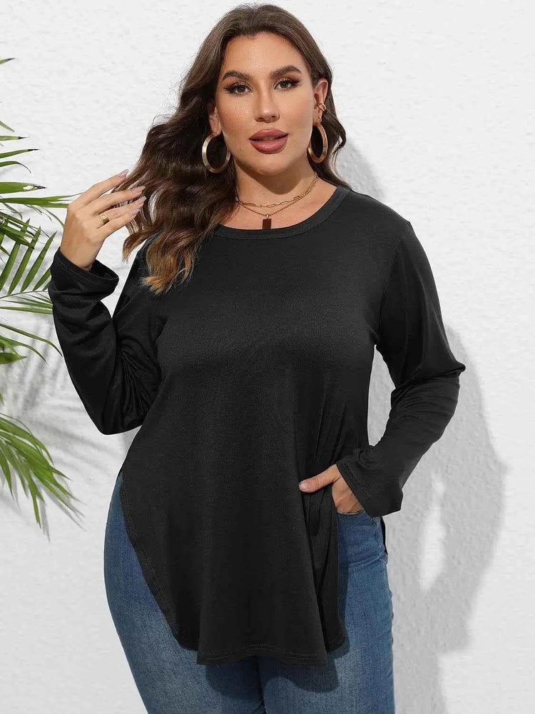 Plus Size Round Neck Long Sleeve Slit T-Shirt women Attire by Trendsi