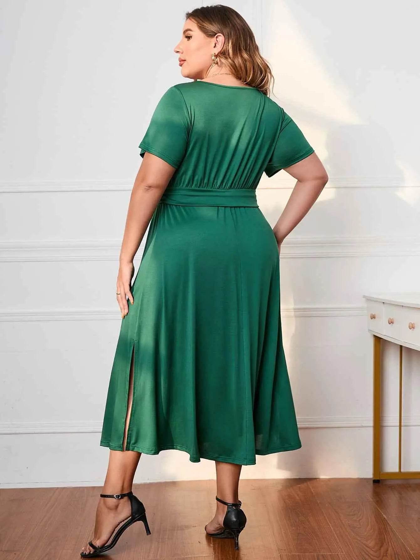 Honey Plus Size Short Sleeve Surplice Neck Midi Dress women Attire by Trendsi