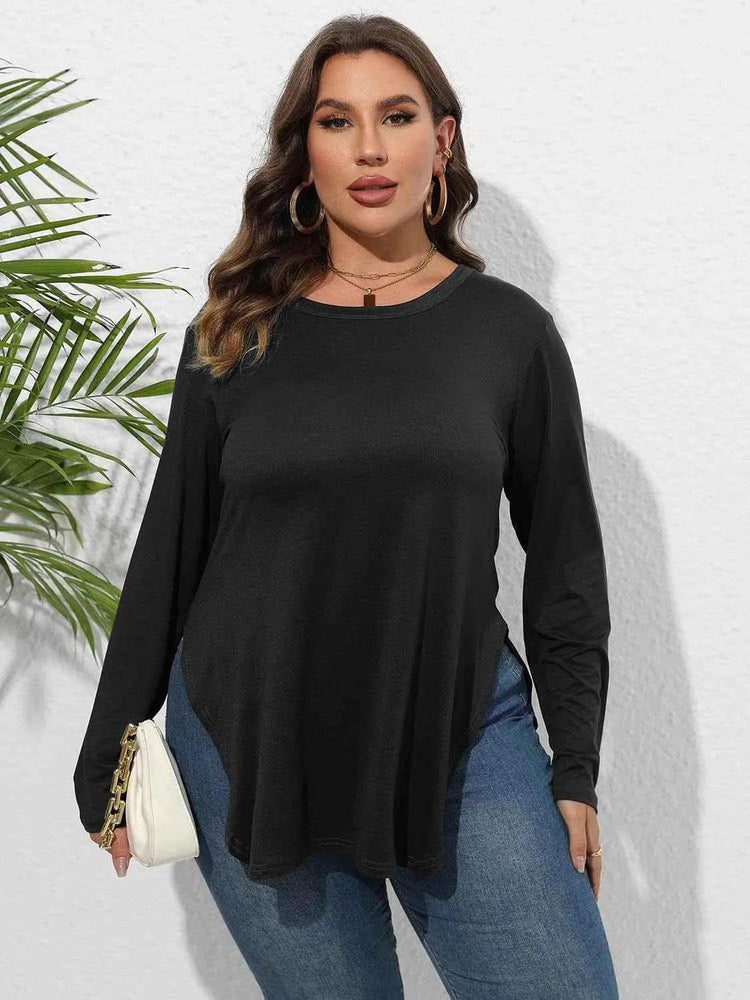 Plus Size Round Neck Long Sleeve Slit T-Shirt women Attire by Trendsi