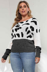 Plus Size Leopard Round Neck Long Sleeve Sweater women Attire by Trendsi