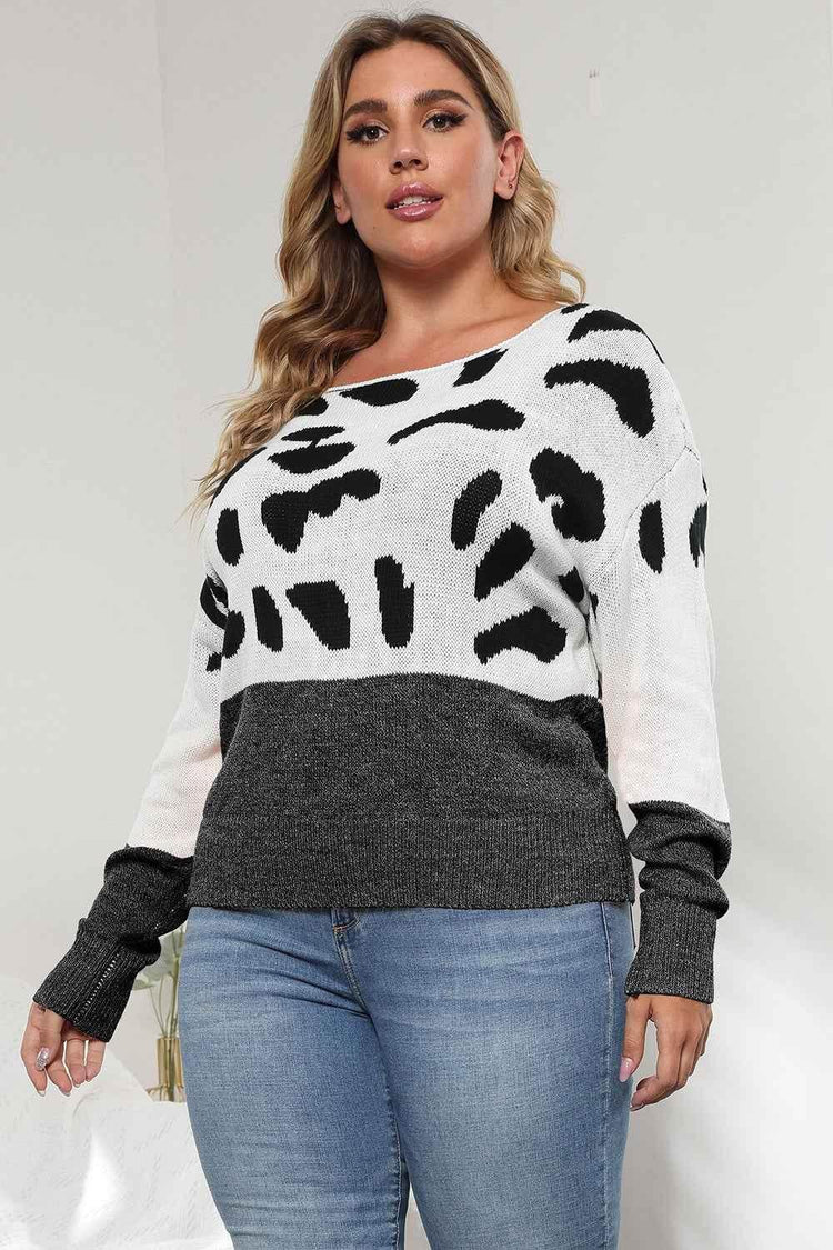 Plus Size Leopard Round Neck Long Sleeve Sweater women Attire by Trendsi