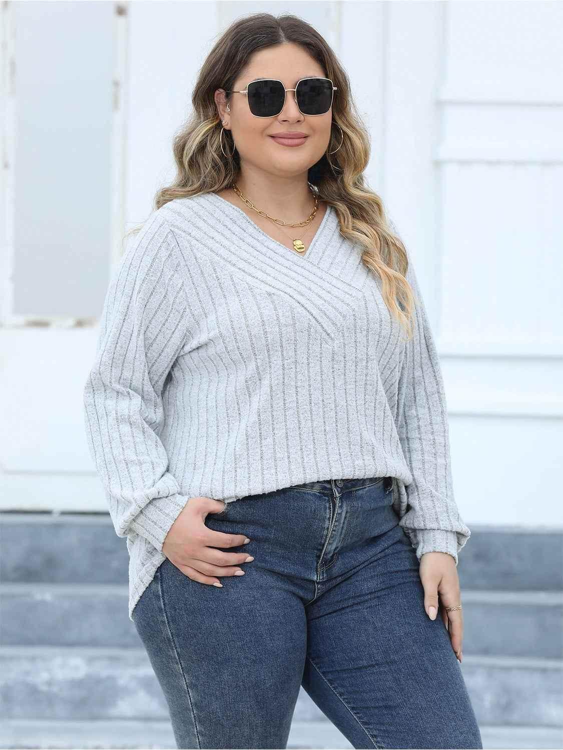 Plus Size Ribbed V-Neck Long Sleeve Top women Attire by Trendsi