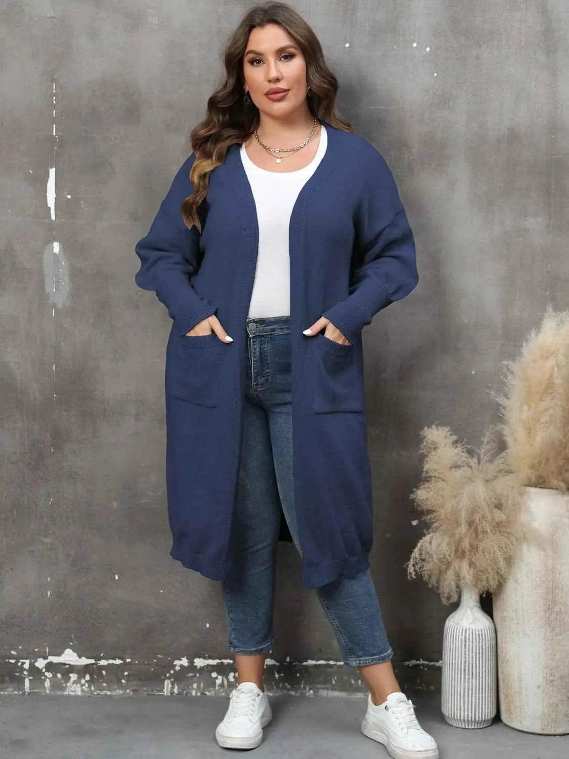 Plus Size Long Sleeve Pocketed Cardigan women Attire by Trendsi