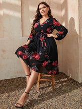 Honey Plus Size Floral Surplice Neck Tie Waist Dress women Attire by Trendsi