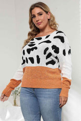 Plus Size Leopard Round Neck Long Sleeve Sweater women Attire by Trendsi