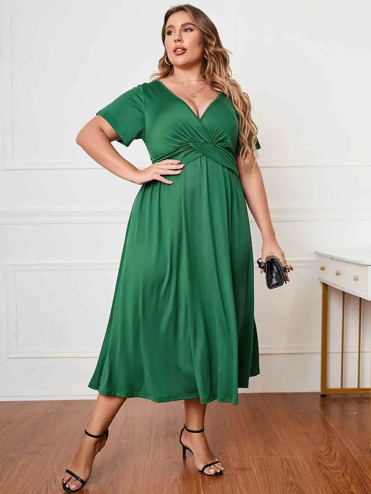 Honey Plus Size Short Sleeve Surplice Neck Midi Dress women Attire by Trendsi