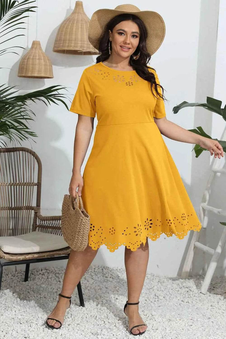 Plus Size Round Neck Openwork Dress women Attire by Trendsi
