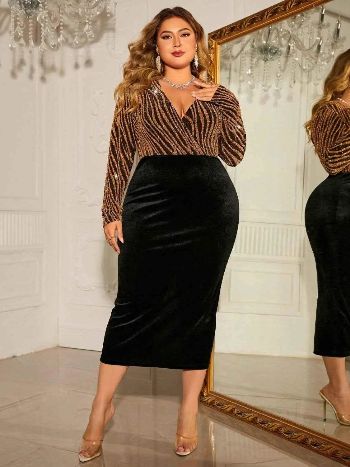 Honey Plus Size Surplice Neck Long Sleeve Slit Dress women Attire by Trendsi