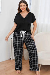 Plus Size V-Neck Top and Plaid Pants Lounge Set women Attire by Trendsi