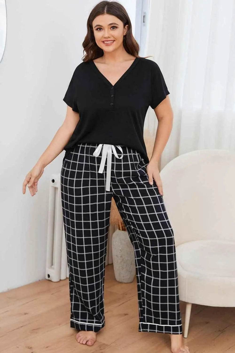 Plus Size V-Neck Top and Plaid Pants Lounge Set women Attire by Trendsi