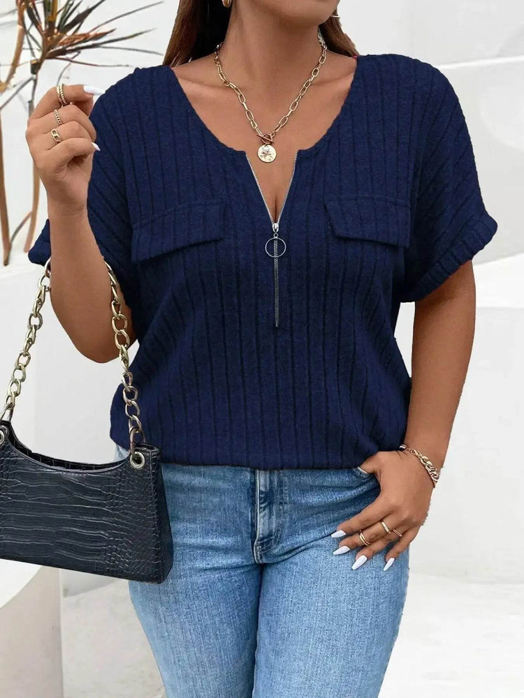 Plus Size Ribbed Half Zip Relaxed Fit T-Shirt women Attire by Trendsi