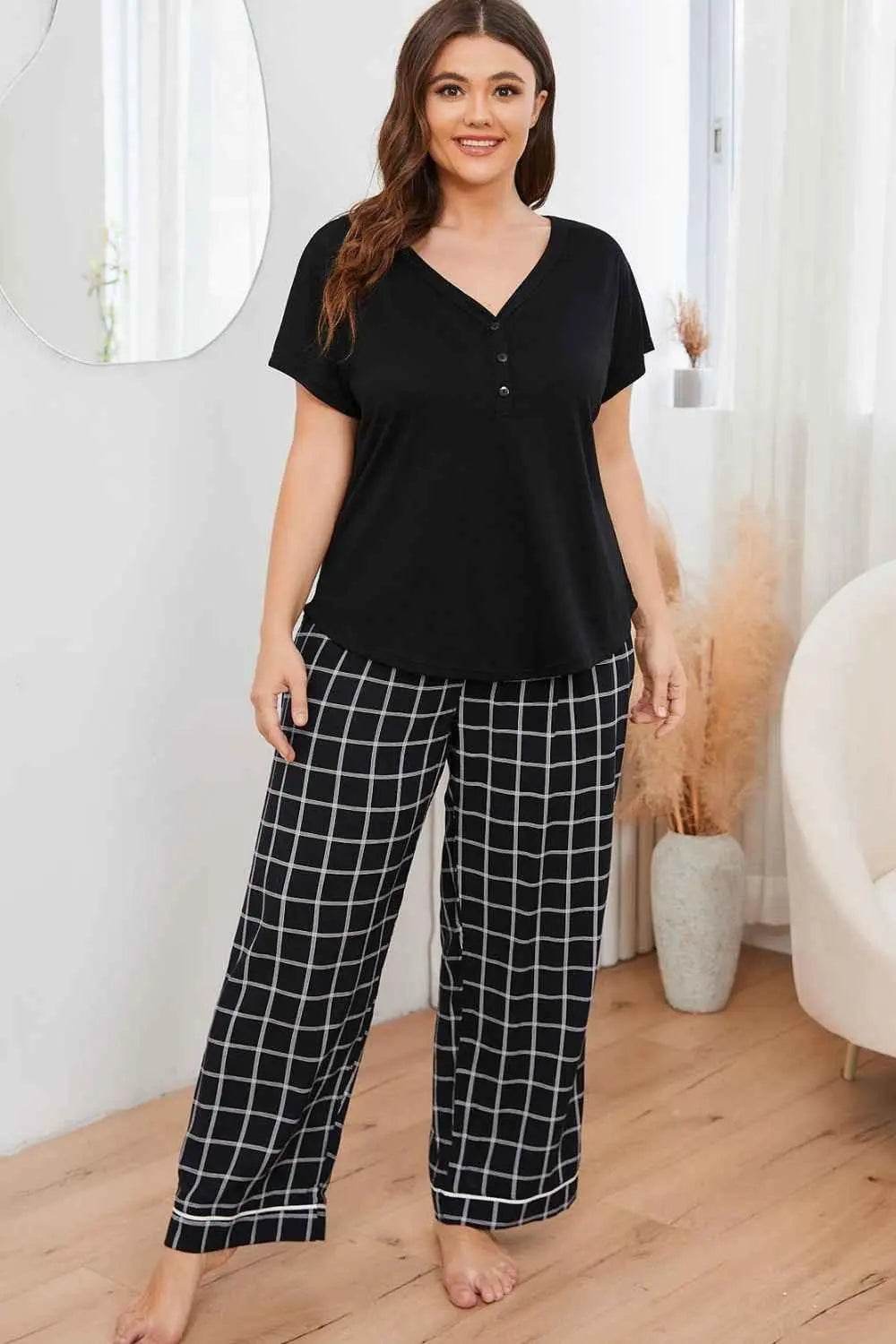 Plus Size V-Neck Top and Plaid Pants Lounge Set women Attire by Trendsi
