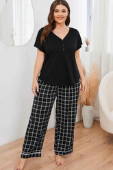 Plus Size V-Neck Top and Plaid Pants Lounge Set women Attire by Trendsi