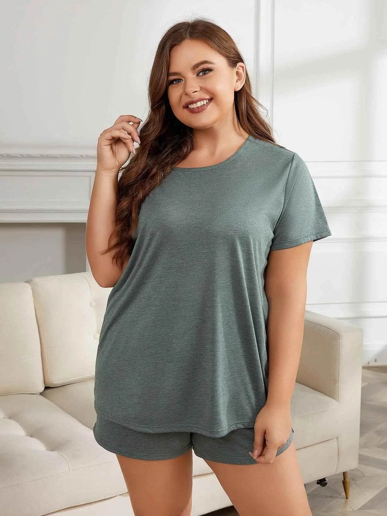 Plus Size Round Neck Short Sleeve Two-Piece Loungewear Set women Attire by Trendsi