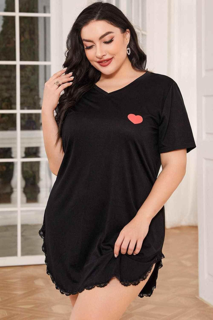 Plus Size Lace Trim V-Neck Short Sleeve Night Dress women Attire by Trendsi