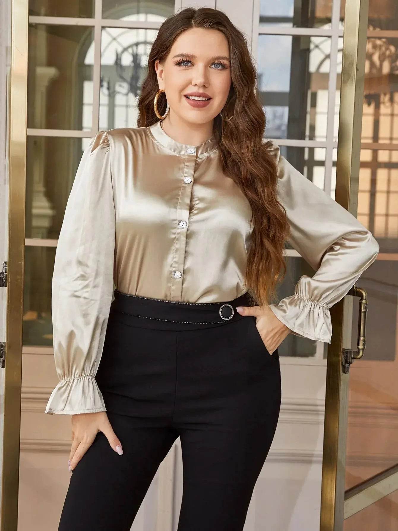 Plus Size Flounce Sleeve Band Collar Shirt women Attire by Trendsi