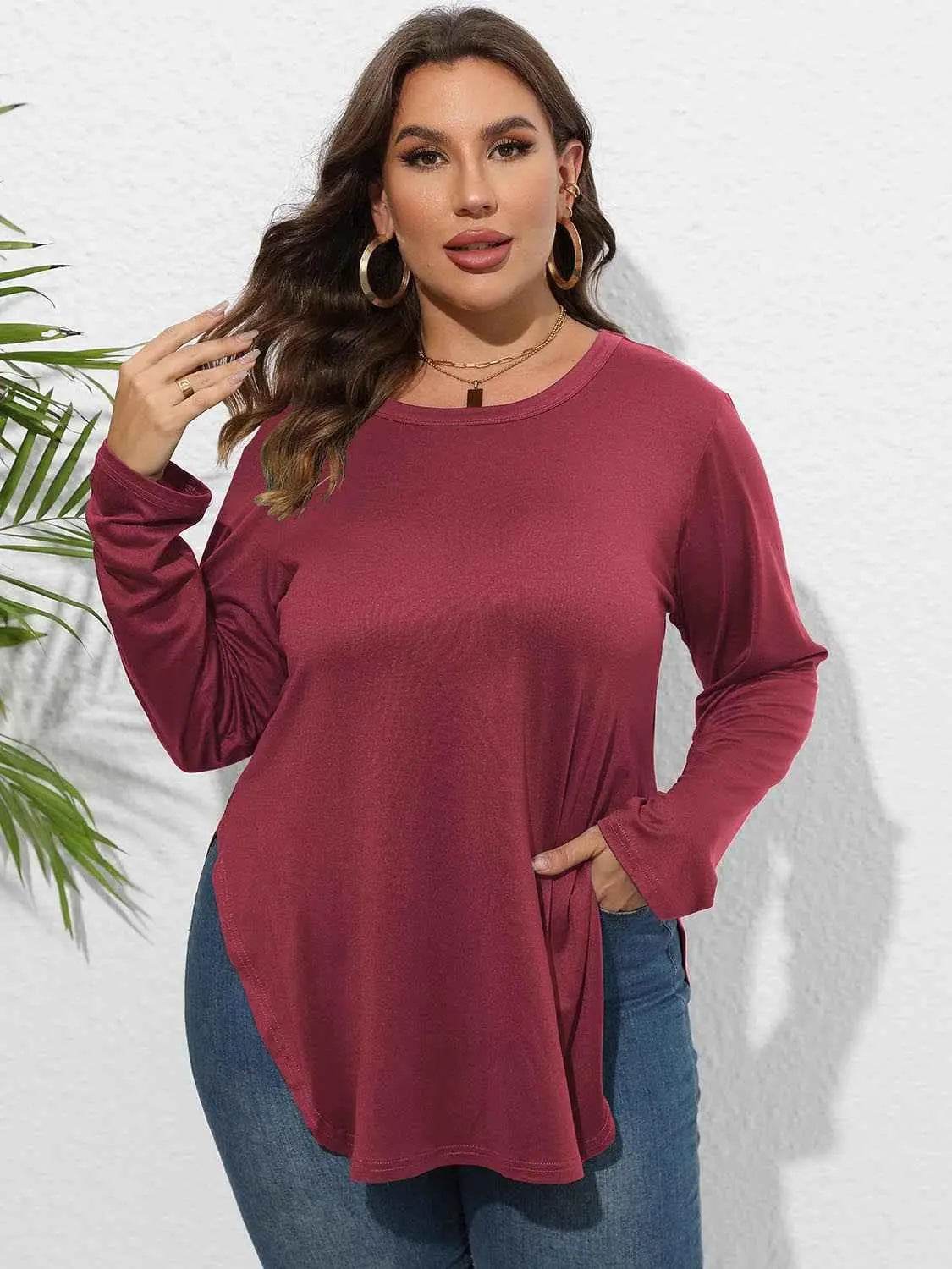 Plus Size Round Neck Long Sleeve Slit T-Shirt women Attire by Trendsi