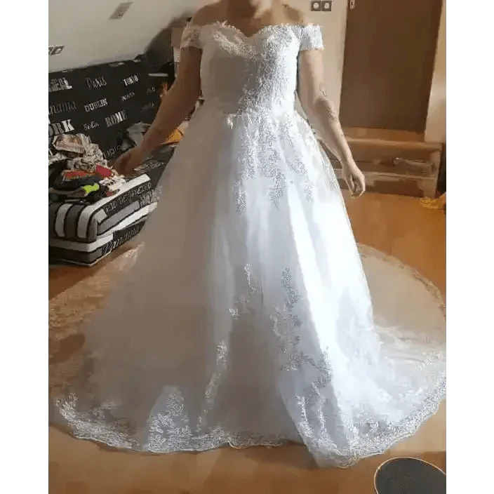 Ivory Lace Off Shoulder Wedding Gown 50cm Train Wedding Dresses by QQ Lover Official Store / Maria Novia Official Store