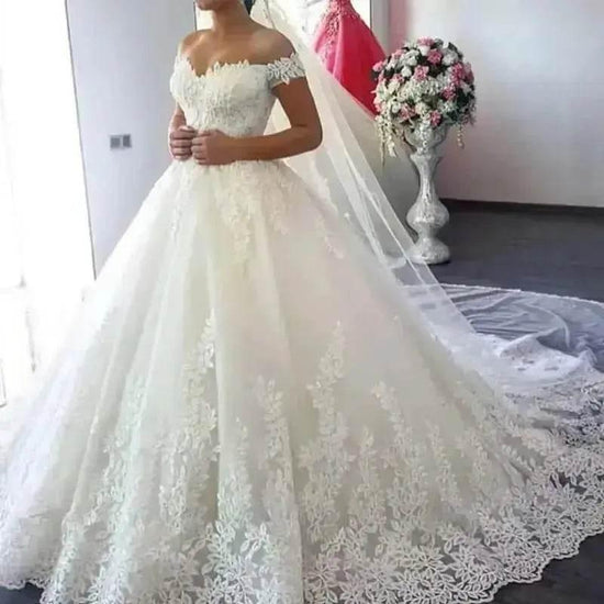 Ivory Lace Off Shoulder Wedding Gown 50cm Train Wedding Dresses by QQ Lover Official Store / Maria Novia Official Store